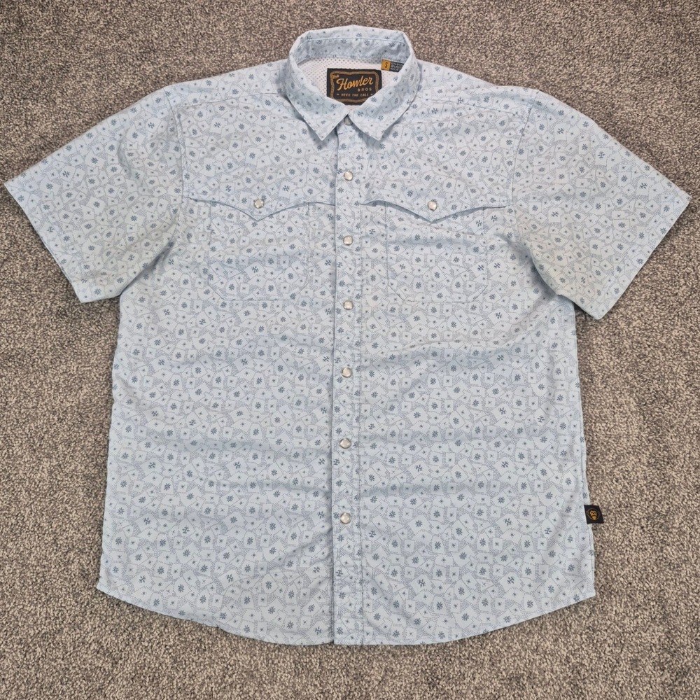 Howler Bros Open Country Tech Shirt Mens Small Blue Western Pearl Snap